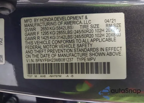 2021 Honda Pilot Awd Special Edition from USA, damaged, VIN 5FNYF6H23MB081237